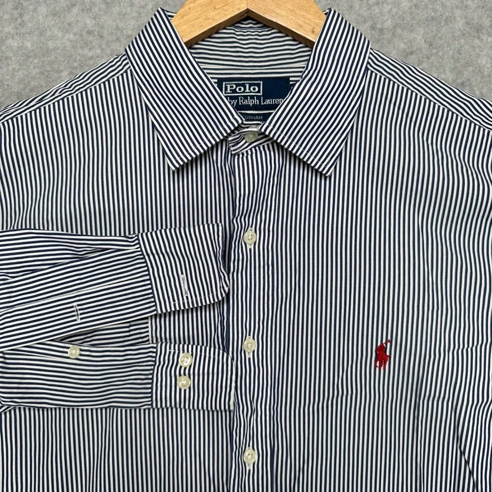 Polo Ralph Lauren Men XL Curham Classic Fit Navy Blue White Striped Shirt Cotton